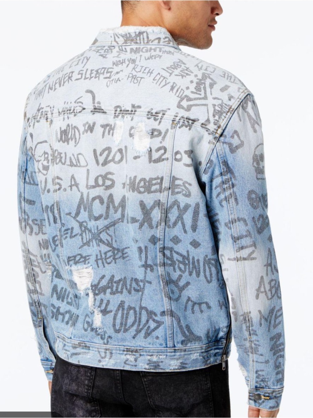 Guess Vintage Men’s Light Blue All Over Graffiti Oversized Denim Jacket Sz XXL - Picture 7 of 15